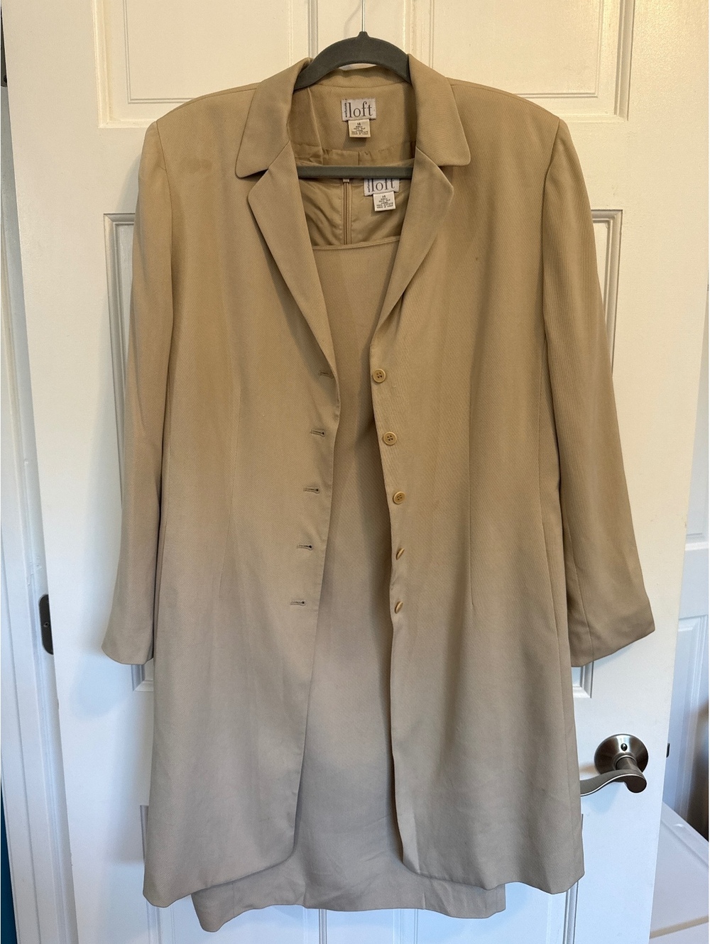 Loft Beige Two-Piece Suit with Long Blazer and Sleeveless Dress, Size 10